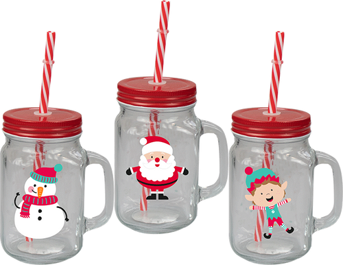 Christmas Mason Jar & Straw (Assorted) Christmas Mason Jar & Straw (Assorted)