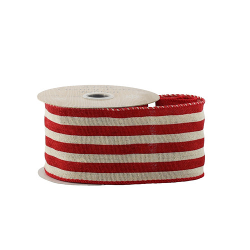 Red & Natural Striped Wired Edge Ribbon (63mm)