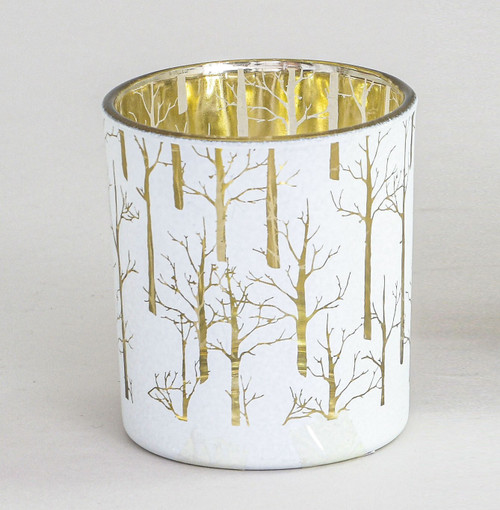 White & Gold Tree Pattern Glass Votive Candle Holder (8cm)