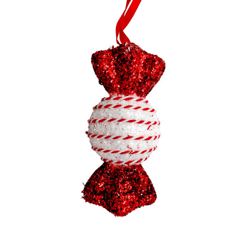 White & Red Tinsel Glitter Round Candy with Stripey String Hanging Decoration (13cm)