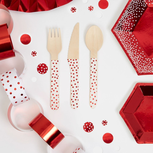 Red & White Dots Wooden Cutlery (Pack of 24)