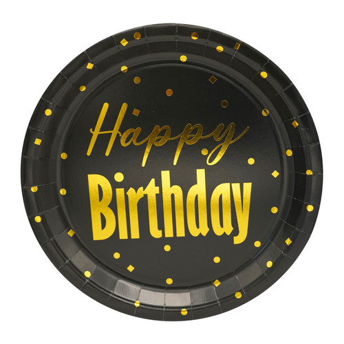 Happy Birthday Black and Gold Party Paper Plates