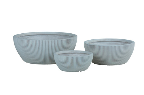 Set of 3 Hortus Indoor Ribbed Light Grey Low Bowl Planters
