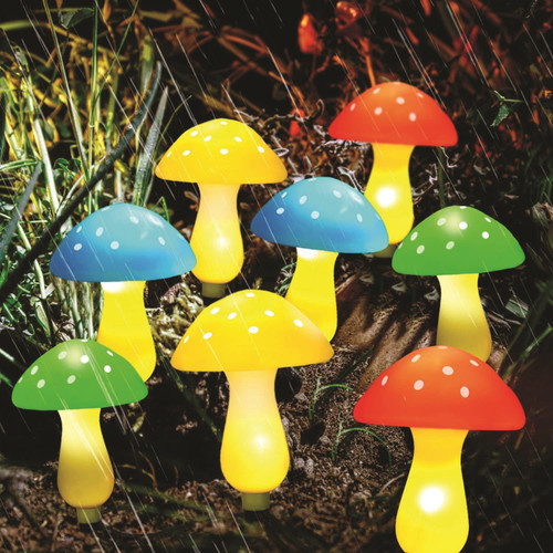 Multicoloured Mushroom Solar Lights (Set of 8)