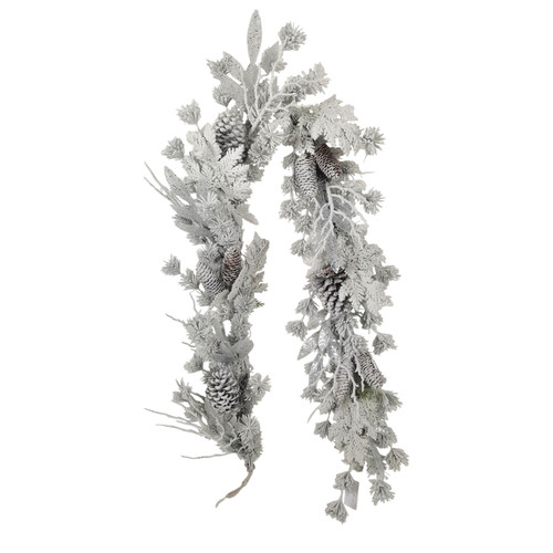 White & Silver Snowy Conifer & Pine Cone Flocked Twig Garland (182cm)