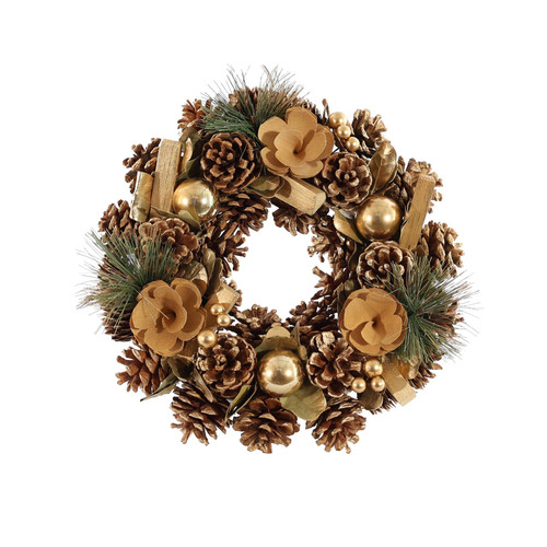 Gold Cone, Bauble & Flower Christmas Wreath (30cm)