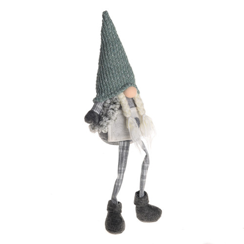 Sitting Grey Gonk with Dangling Legs & Green Vest & Hat