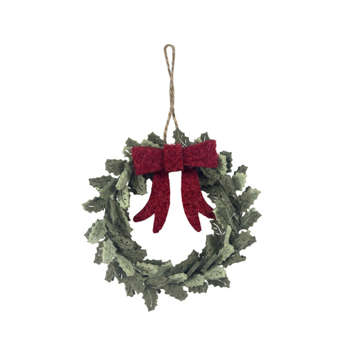 Felt Leaf Wreath with Red Bow Hanging Decoration (10cm)