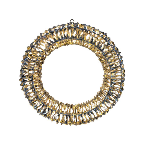 Shiny Gold Hanging Deco Wreath with Warm White LED Flashing Lights (50cm)