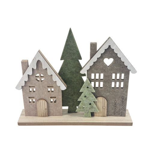 Felt Houses with Trees on Wooden Base (20.7cm)