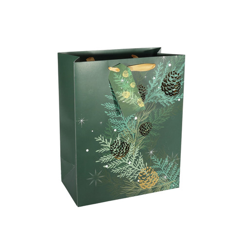Green & Gold Large Christmas Foliage & Pine Cones Gift Bag with Tag (33cm)