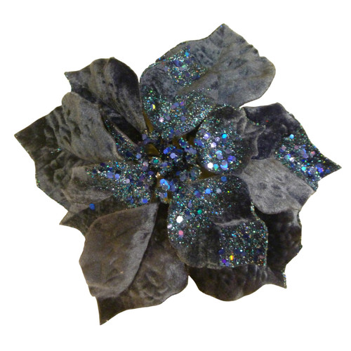 Blue Clip On Velvet Poinsettia with Sparkles (26cm)