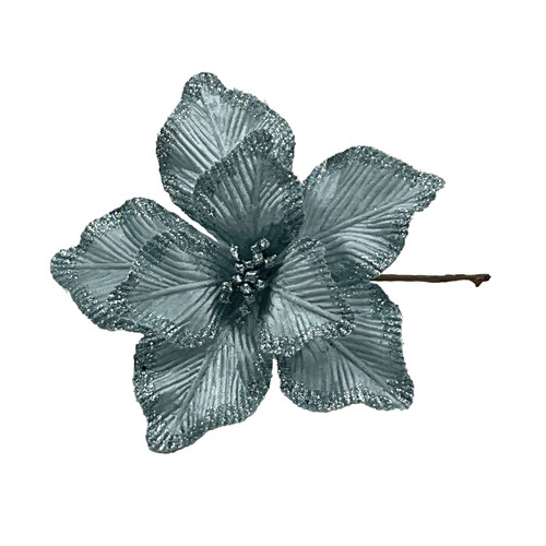 Teal Glitter Edged Magnolia Stem (25cm)