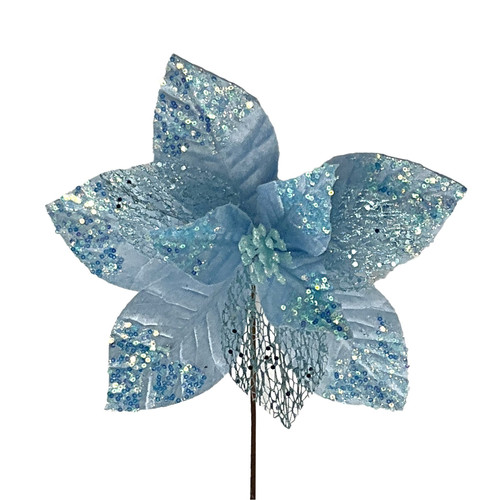 Pale Blue Sequin & Glitter Poinsettia Stem (26cm)