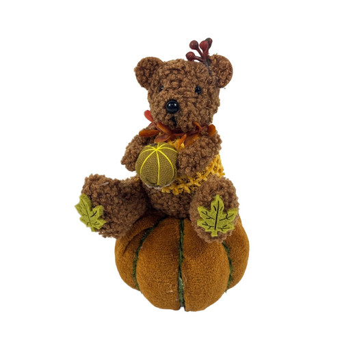 Brown Fabric Bear on a Pumpkin Ornament Figure (16.5cm H)