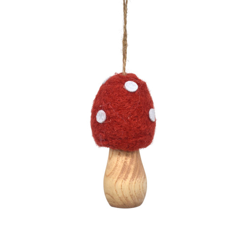 Red & White Rounded Toadstool on Wooden Stalk Hanging Decoration (10cm H)