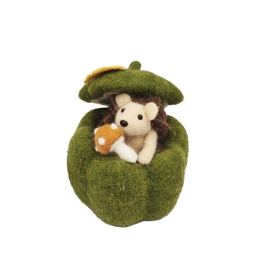 Green Felted Hedgehog in Pumpkin (15cm H)