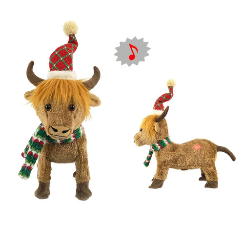 Brown Festive Singing & Jumping Highland Cow Decoration Figure