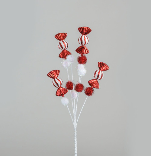 Red & White Candy & Pompom Spray Pick (58cm)