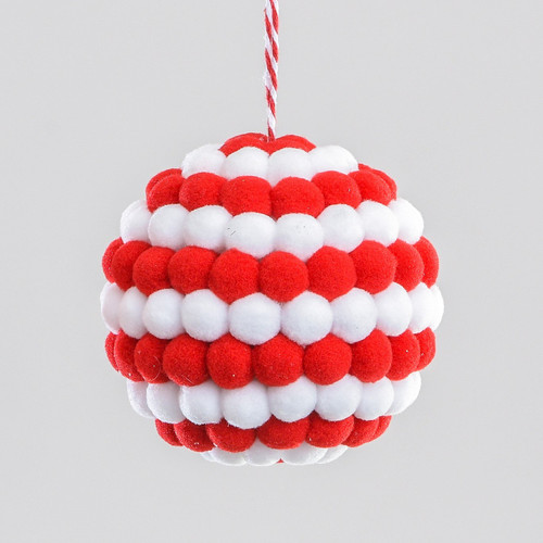 Red & White Fabric Pompom Bauble (10cm)