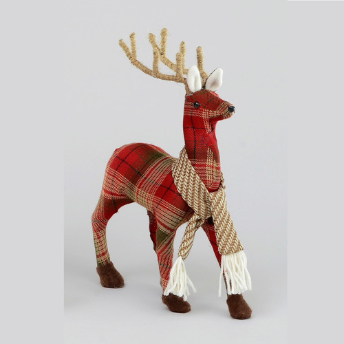 Red Tartan Reindeer with Scarf Decorative Figure (25cm)