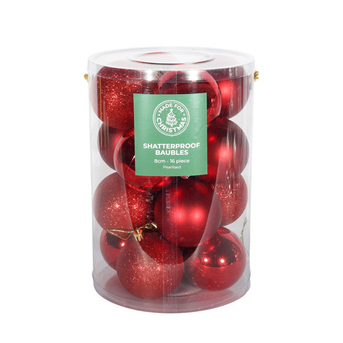 8cm Red Shatterproof Baubles (16 Pieces)