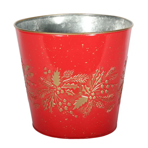 Red & Gold Holly Print Metal Planter (19cm)