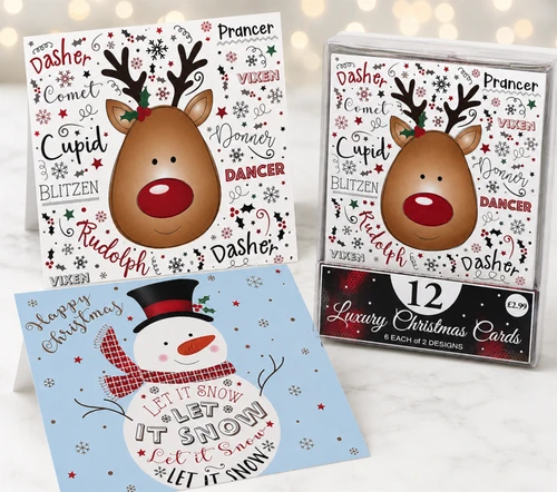 Reindeer and Snowman Christmas Cards (12 pack)