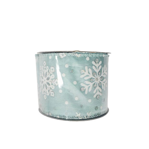 Light Blue Wired Edge Ribbon with Snowflakes (63mm x 9.1m)