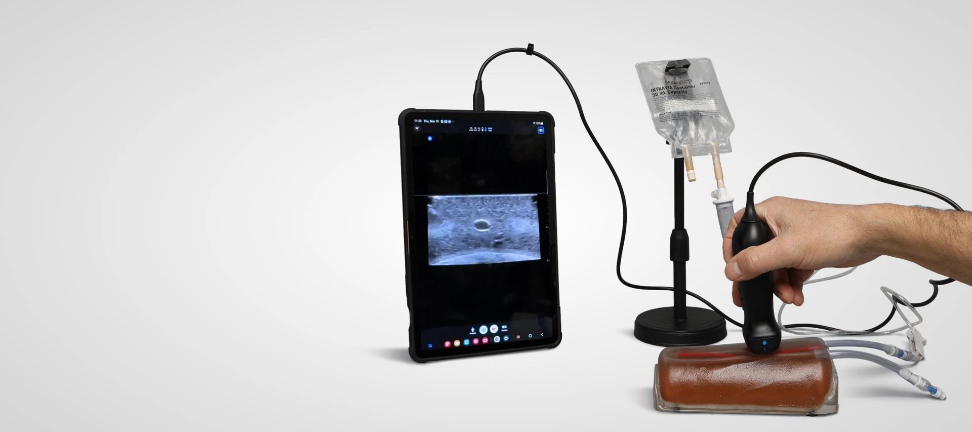 Clinician scanning a Sawbones branching 3-vein access trainer with an ultrasound probe, with vessels displayed on a connected tablet.