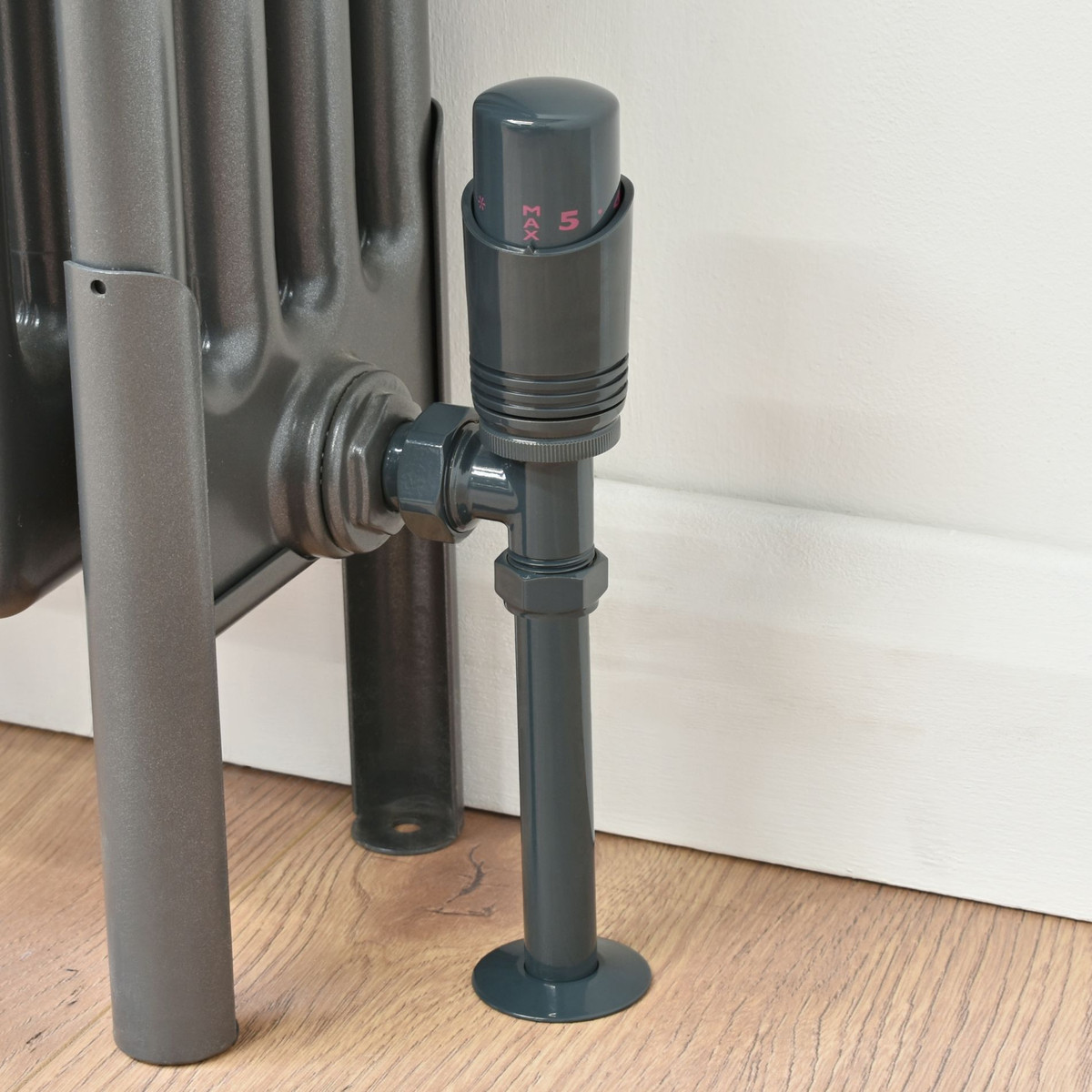 Duran Modern TRV Angled Anthracite Thermostatic Radiator Valves with Sleeves
