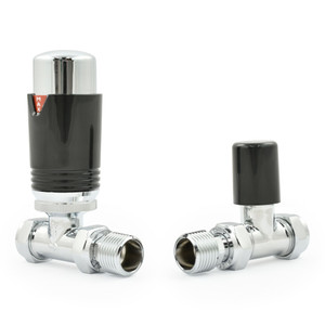 M-TRV-075-ST-CB - Exeter Modern TRV Chrome & Black Towel Radiator Valves With Sleeves