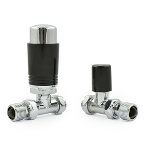 M-TRV-075-ST-CB-ALT01 - Exeter Modern TRV Chrome & Black Towel Radiator Valves With Sleeves