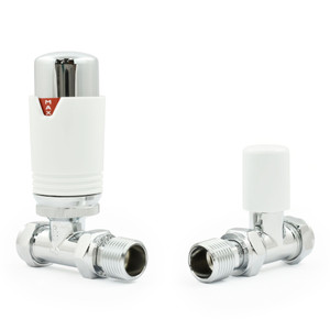 M-TRV-075-ST-CW - Exeter Modern TRV Chrome & White Towel Radiator Valves With Sleeves