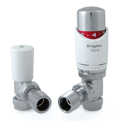 SC-0705180 - Drayton 15mm Angled TRV4 Thermostatic Radiator Valve Plus Lockshield - White/Chrome