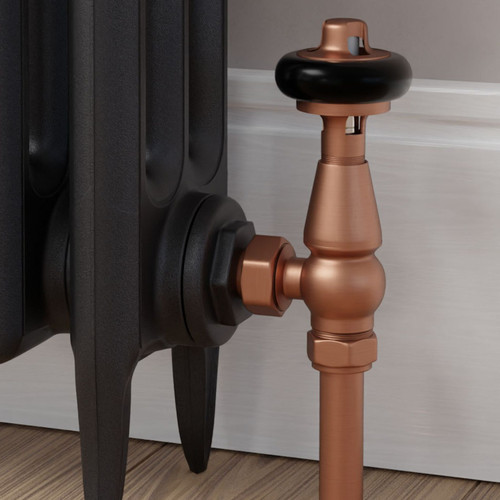 T-TRV-019-AG-BC-CU00 - Flatford Traditional TRV Angled Brushed Copper Thermostatic Radiator Valves With Sleeves