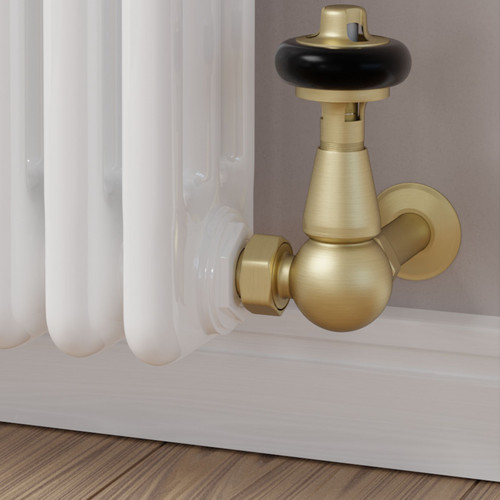 T-TRV-020-CR-BB-CU00 - Flatford Traditional TRV Corner Brushed Brass Thermostatic Radiator Valves With Sleeves