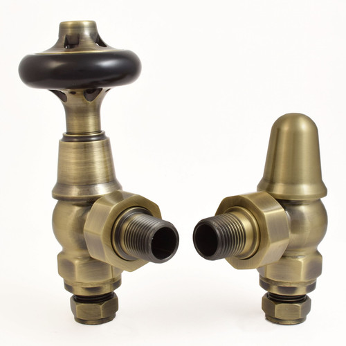 T-TRV-043-AG-AB - Alfriston Traditional TRV Angled Antique Brass Thermostatic Radiator Valves With Sleeves