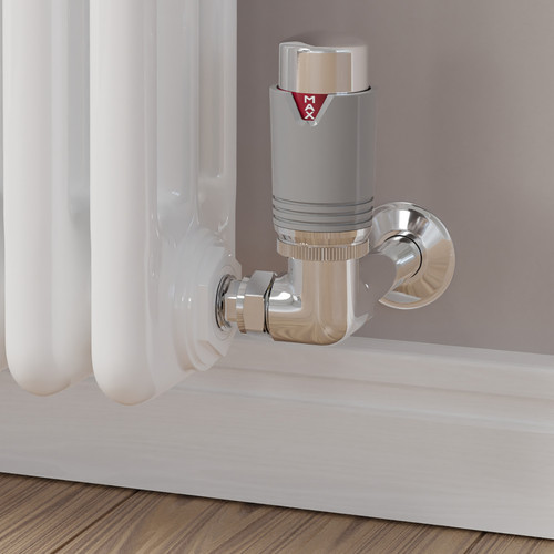 M-TRV-076-CR-CS-CU00 - Exeter Modern TRV Corner Chrome & Silver Thermostatic Radiator Valve With Sleeves