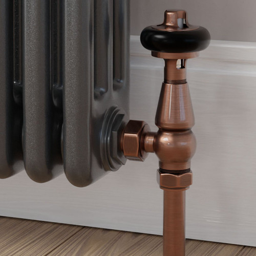 T-TRV-019-AG-AC-CU00 - Flatford Traditional TRV Angled Antique Copper Thermostatic Radiator Valves with Sleeves