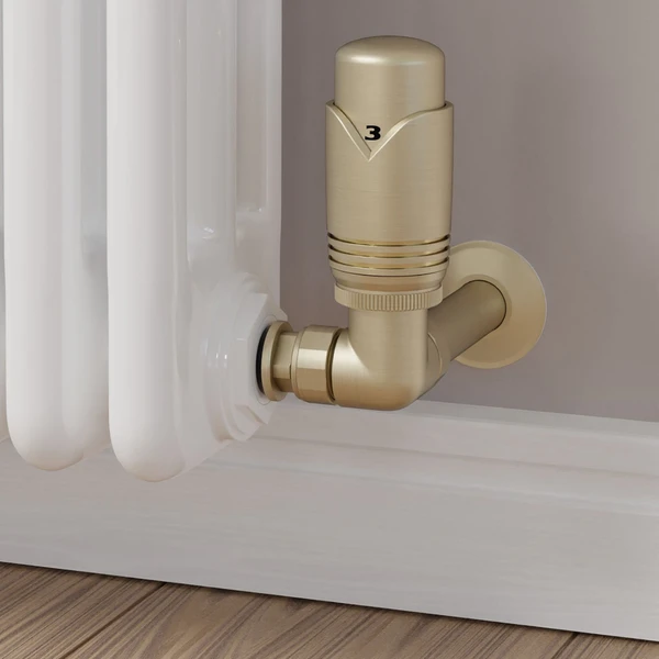 M-TRV-073-CR-BB-CU00 - Ramone Modern TRV Corner Brushed Brass Thermostatic Radiator Valves With Sleeves