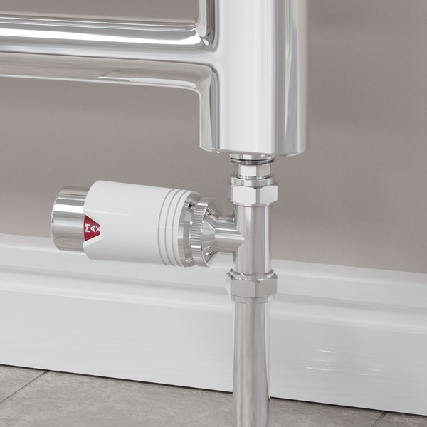 M-TRV-075-ST-CW-CU00 - Exeter Modern TRV Chrome & White Towel Radiator Valves With Sleeves