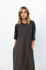 Dynamic Drape Dress Olive,  Close Up Front  View. Made for taller women