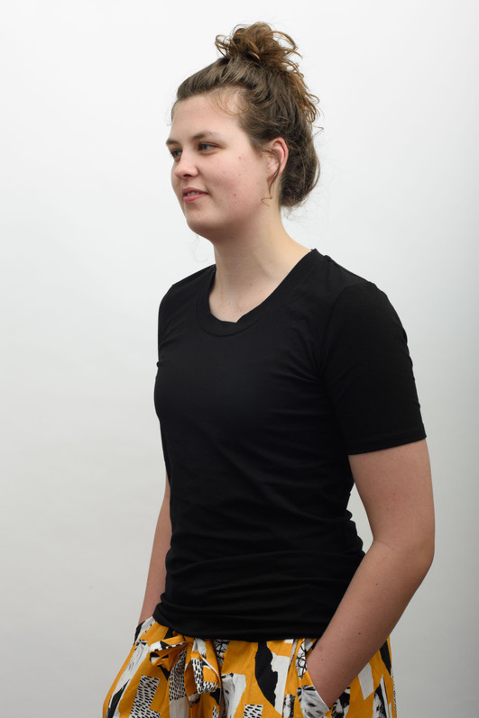 Tall woman wearing Redwood Clothing Ava SS Tee in Black front