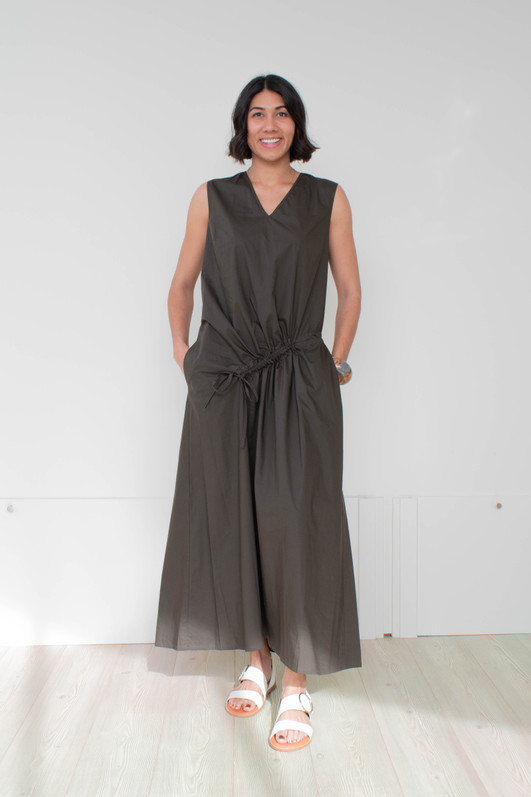 Cinematic Dress Olive on tall model. with pockets