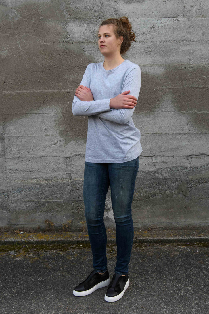 Tall model wearing Staple+Cloth Penny Tee Grey Marle