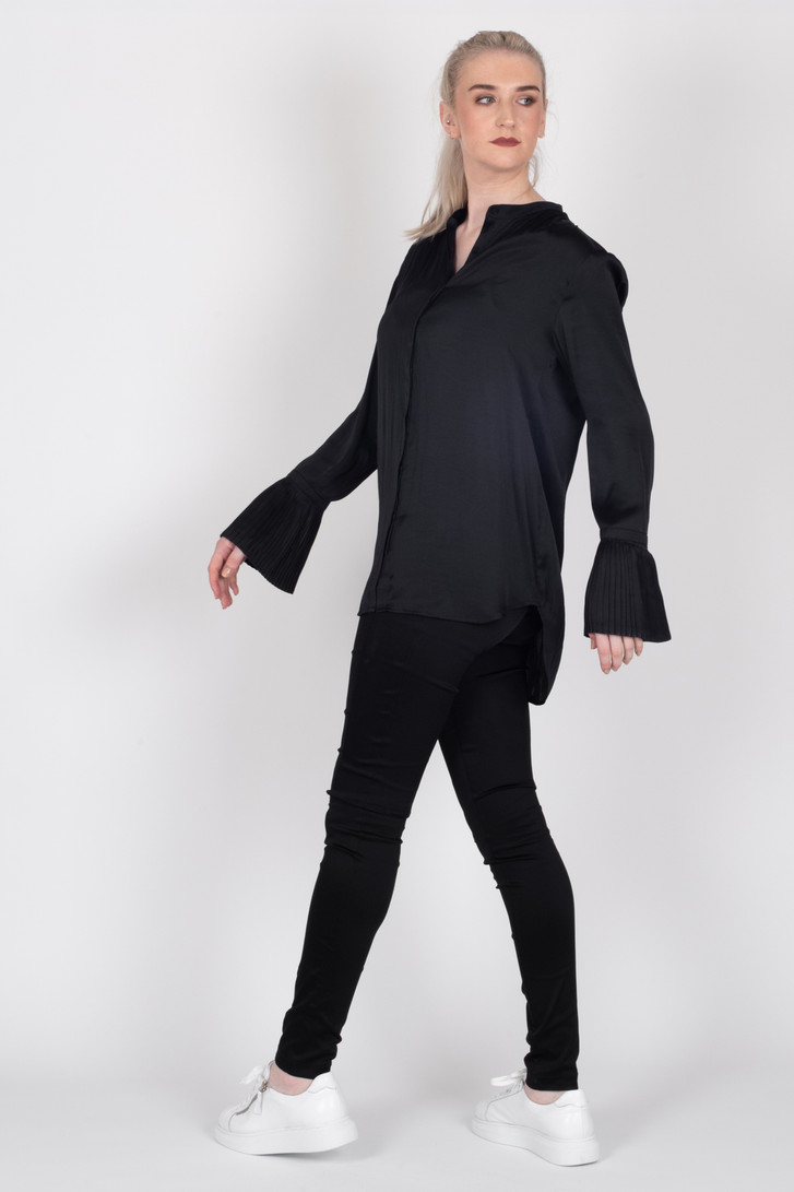 Tall woman modelling Storm black Paloma Shirt with Storm Tuxedo Pants