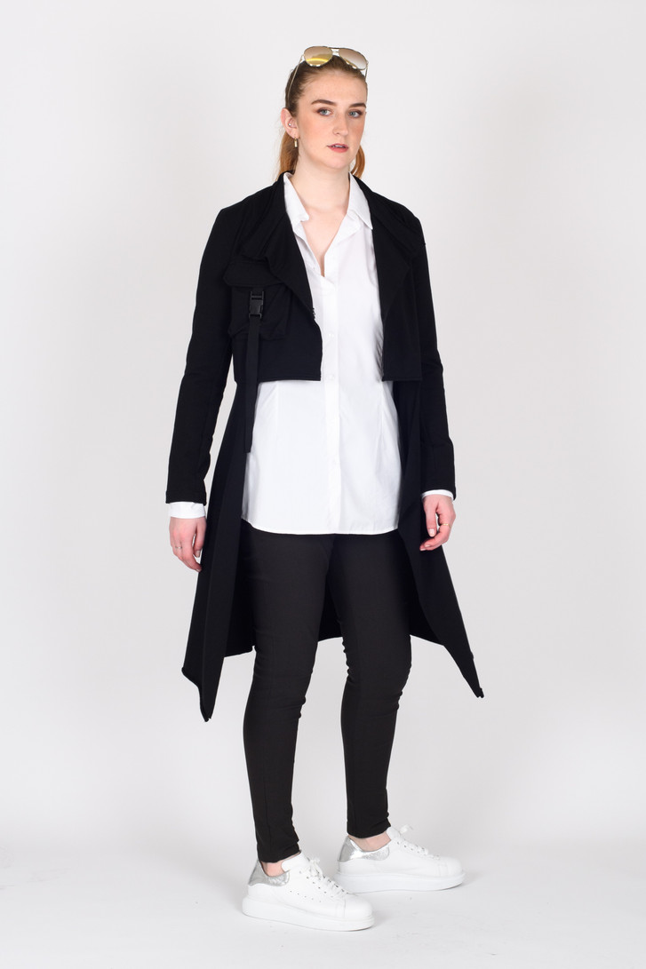 Tall model wearing New Page Coat Black for tall women
