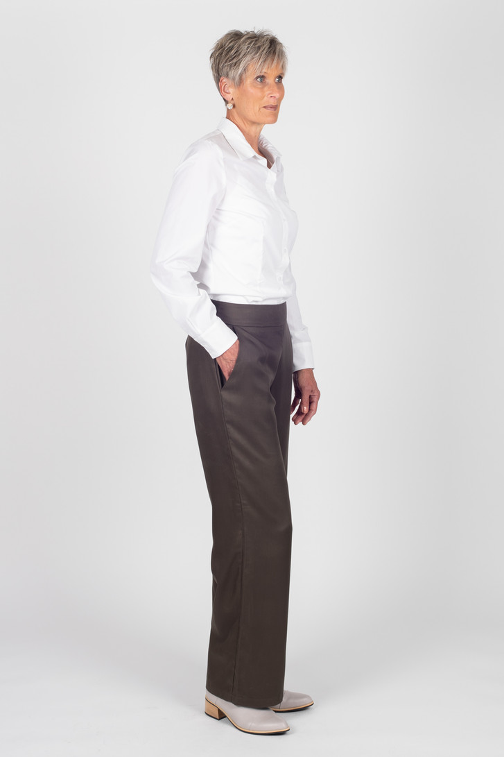Staple+Cloth Celine Pants Khaki for tall women. Side view