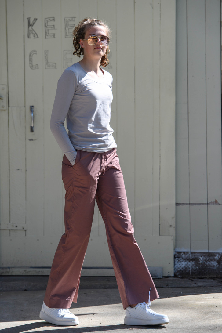 Tall woman in Redwood Clothing Helena Pants in Dusty Salmon Prada for tall women